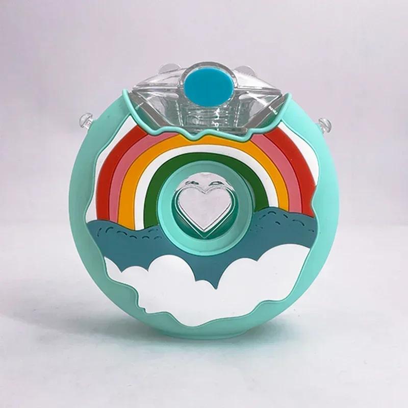 380ML Donut Shape Cup Kids Feeding Cup with Straws Lovely Donuts Shape Water Cups Cartoon Leakproof Outdoor Water Bottle