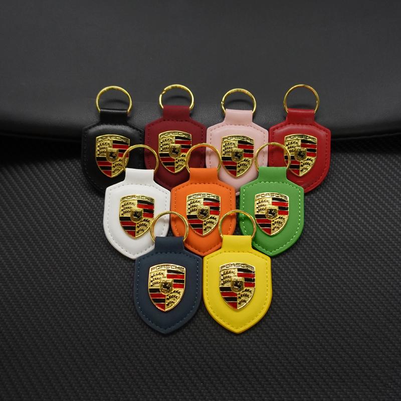 Fashion Leather Metal Keychain Car Styling Luxury Keyring For Porsche Cayenne Panamera Macan 911 Taycan Boxster Cayman 918 Pajun