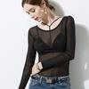 Black Mesh Base Shirt Sexy Transparent Mesh Top Women's Sun Protection Clothing Long Sleeved T-shirt Lace Shirt Inner Layer