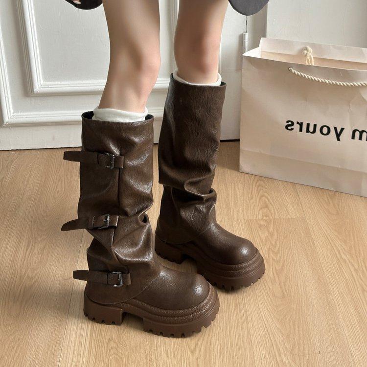 

Ботинки рыцарские на толстой подошве с увеличением высоты женские 2025 новые весенне-осенние ретро коричневые ботинки-чулки Маяра средней высоты 40 хаки