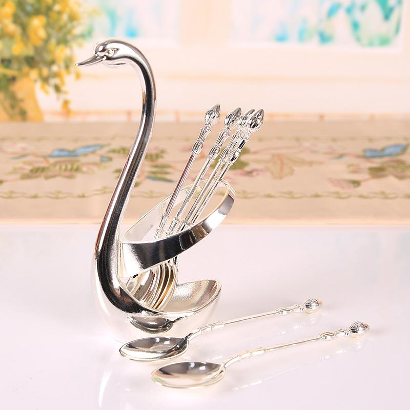 Decorative Dinnerware Set with Swan Base Holder Spoons and Forks for Coffee Fruit Dessert Stirring Mixing Ideal Gift Ideas