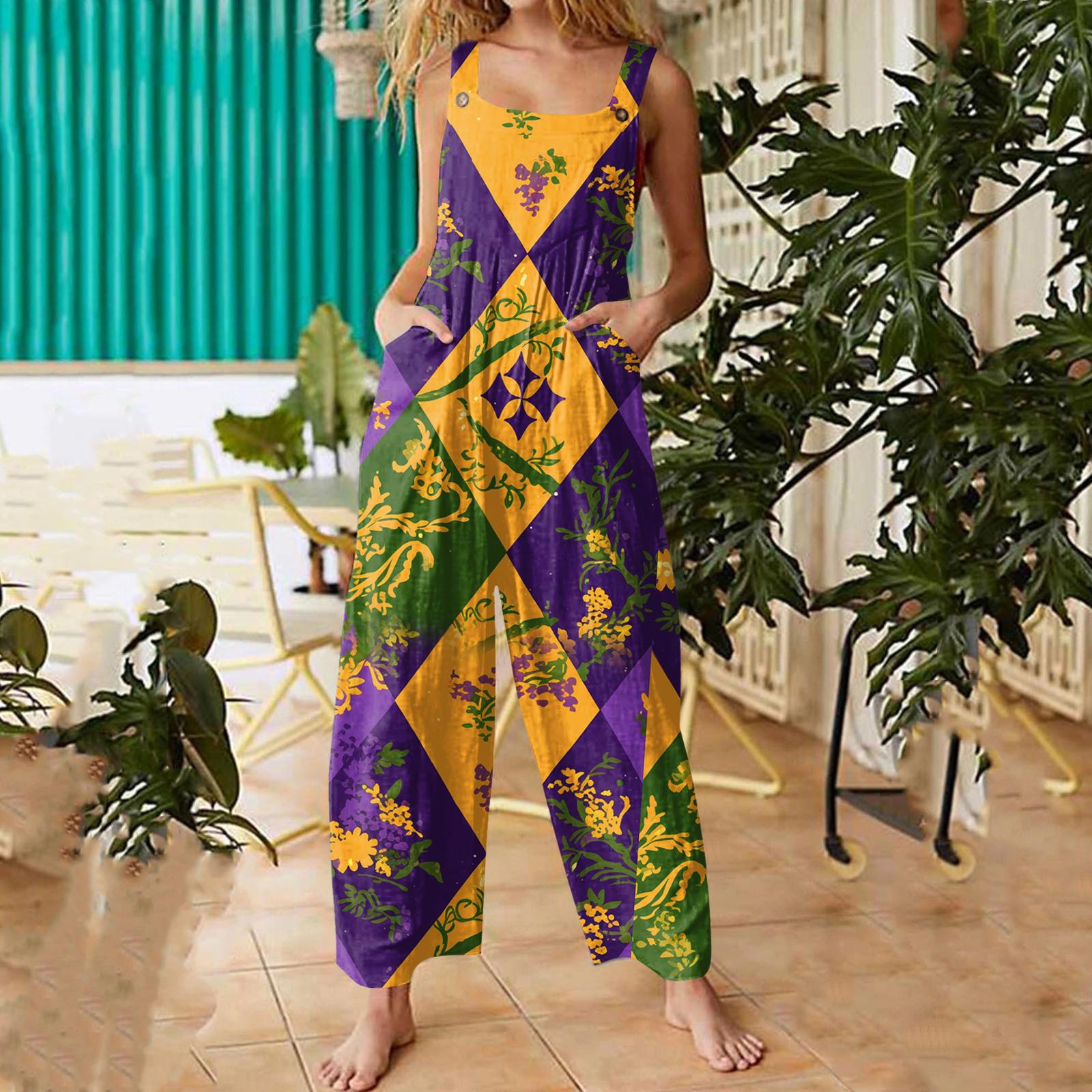 

Womens Casual Overalls Jumpsuits Adjustable Straps Sleeveless Carnival Print Comfy Rompers With Pocket XL жовтий