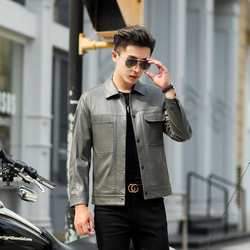 

Осенний новый стиль, куртка из искусственной кожи, мужская модная тонкая кожаная куртка с лацканами, однобортная куртка 4XL