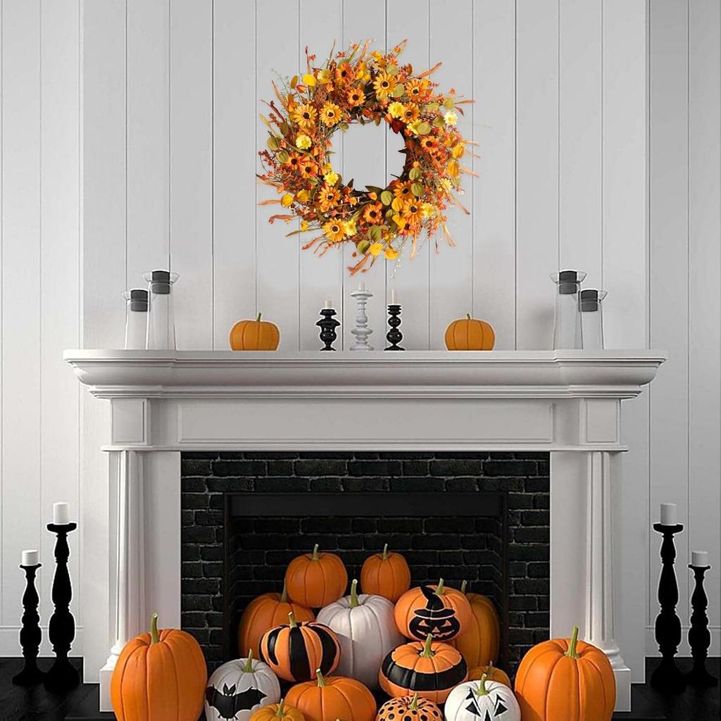 TEMPUS 22inch Thanksgiving Daisy Grain Wreath Autumn Harvest Wreath Eucalputs Leaves with Berries Wreath Fall Decor Front Door Indoor or Outdoor Wall