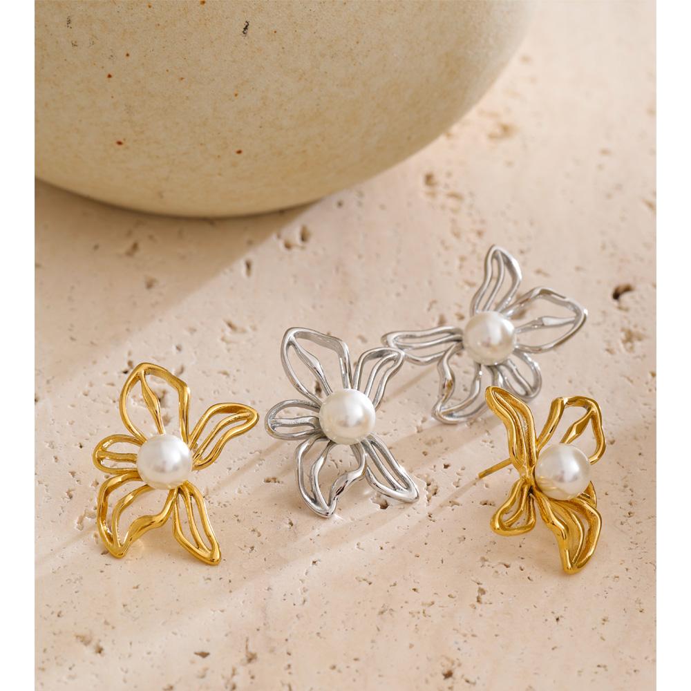 Eetit 2025 Stainless Steel Pearls Hollow Flower Stud Earrings Gift Gold & Platinum PVD Plated Modern Daily Jewelry Anti Allergic