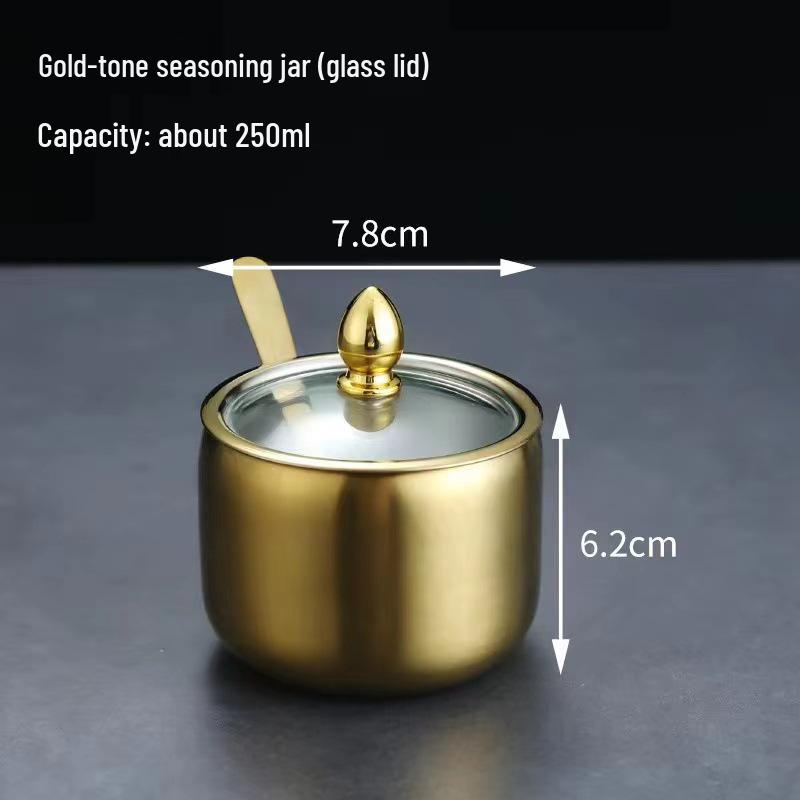 Gold Korean Style 304 Stainless Steel Seasoning Jar with Spoon - Perfect for Chili Sauce, Soy Sauce, or Salt.