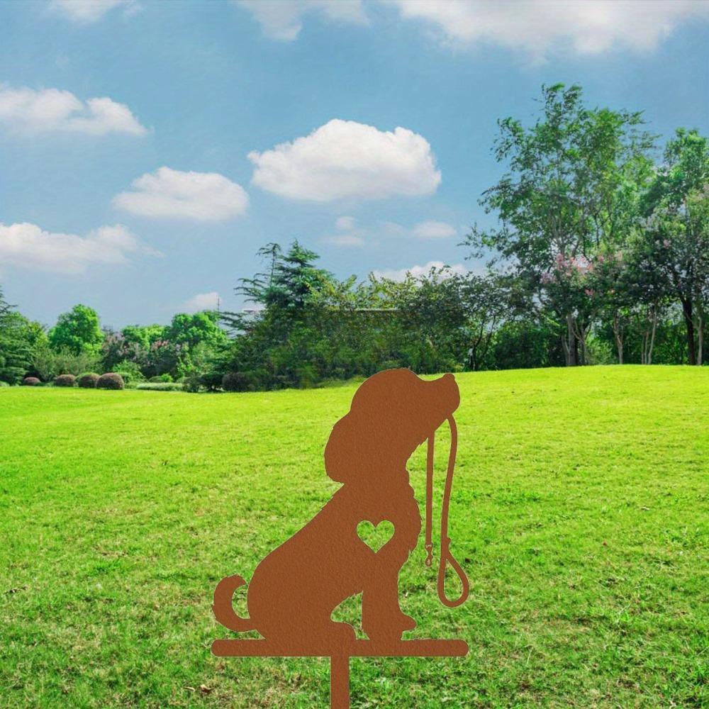 Metal Dog Silhouette Garden Stake Outdoor Decor Puppy Leash Heart