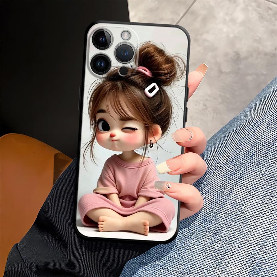 Svart mjukt phone case för iPhone 15 16 14 Plus XR Air 13 12 11 17 Pro Max XS Max 7 8 Tecknad flicka