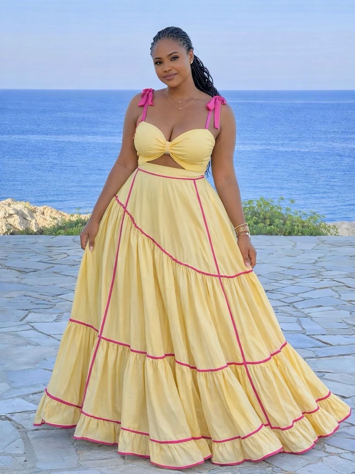 2026 Summer New European and American Cross-Border Plus Size Women s Fashionable Sexy Strapless Strapless Wide Hem Dress S лимонно-желтый