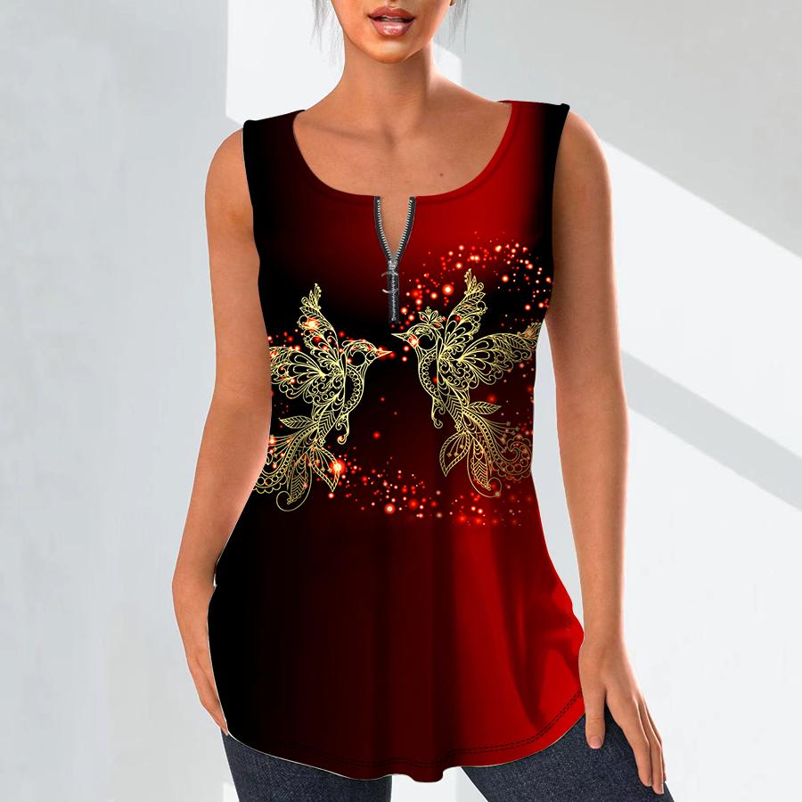 

Женские модные рубашки с v-образным вырезом, повседневные топы, футболка, женский жилет с 3D принтом золотой птицы, блузка без рукавов больших размеров, топы на бретелях 8XL красный