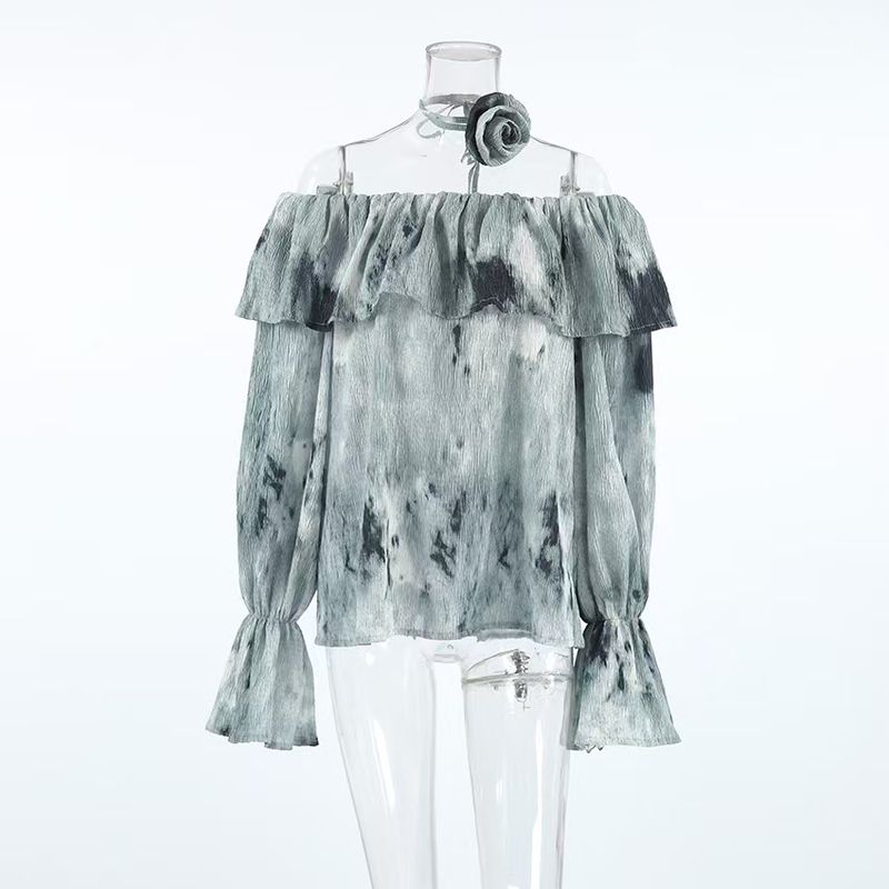 

Fashion Style Stylish Tie-Dyed off-Neck Flared Sleeve Shirt Tie Dye Flared Sleeve Shirt Printed L