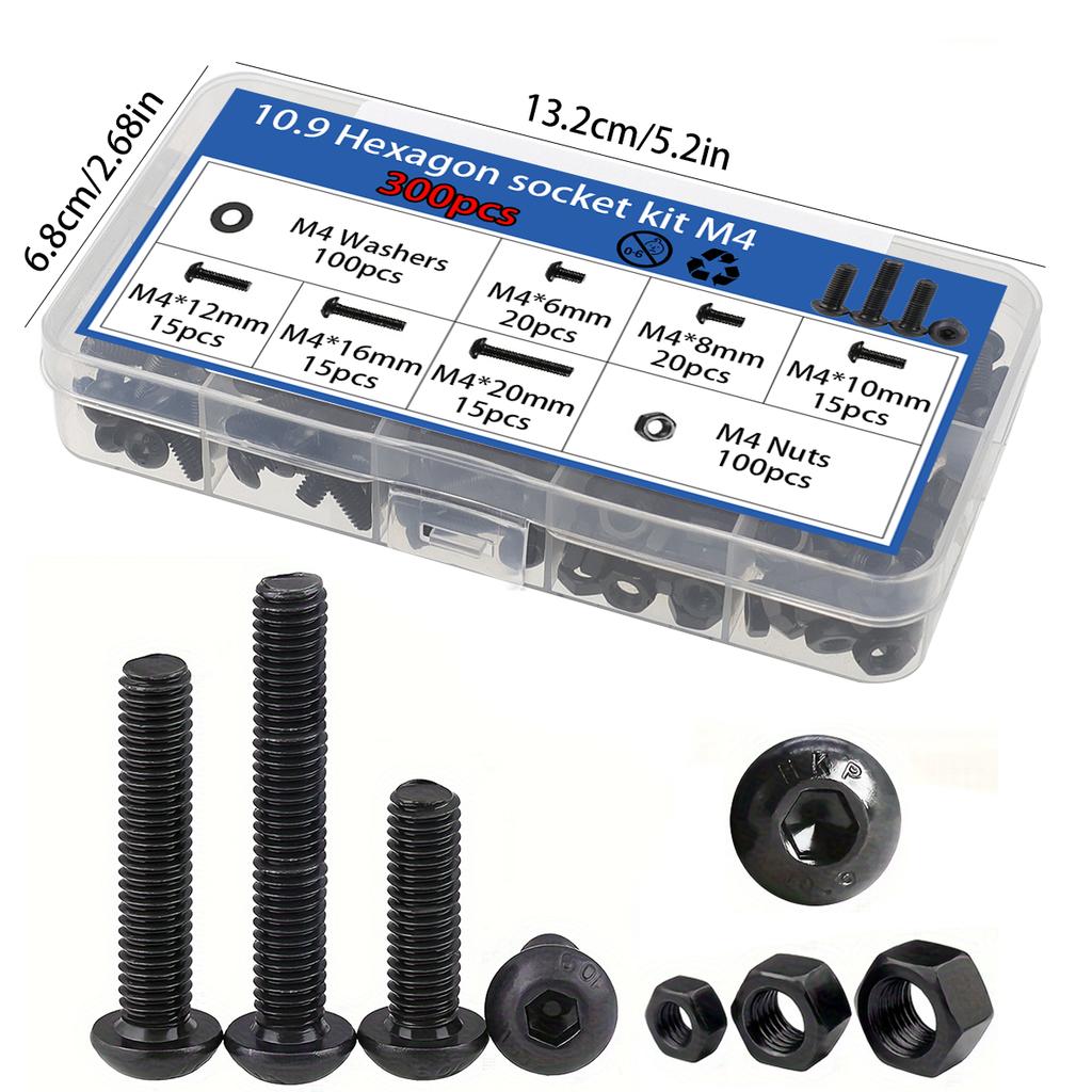 300pcs M4 Black Hex Pan Head Screws and Nuts Set, Black Round Cup High Strength Screws