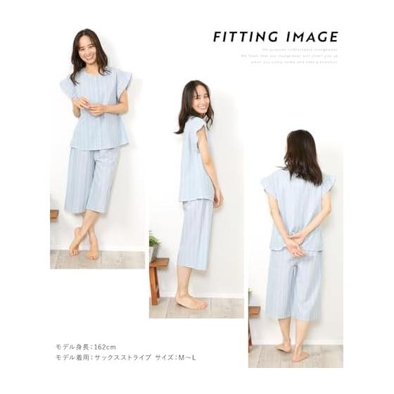 [ON NISHIKI] Women's Pajamas, Summer, Short Sleeves, Ruffle Sleeves, 100% Cotton, Cool, Dobby Material, Skin-friendly, Open Front, Top and Bottom