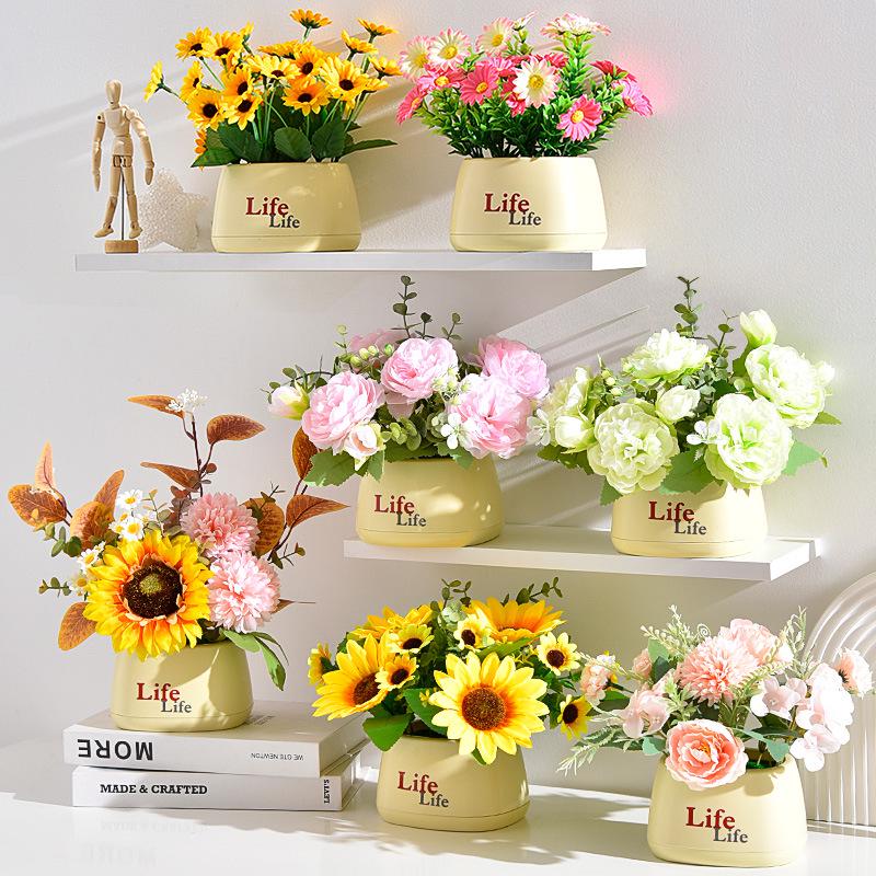 Living Room Decor: Artificial Sunflower and Green Plant Arrangements, Small Potted Plants, and Plastic Bouquets