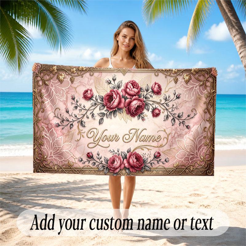 Floral Garden Theme Soft Beach Towel Personalized Custom Name Text Towel Portable for Beach Pool Travel