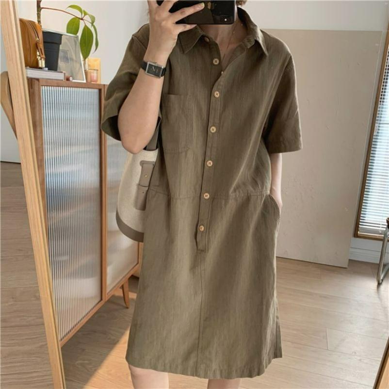 Cotton and Linen Women's Simple Temperament Commuter Casual Straight Lapel Pullover Short Short-sleeved Dress Summer