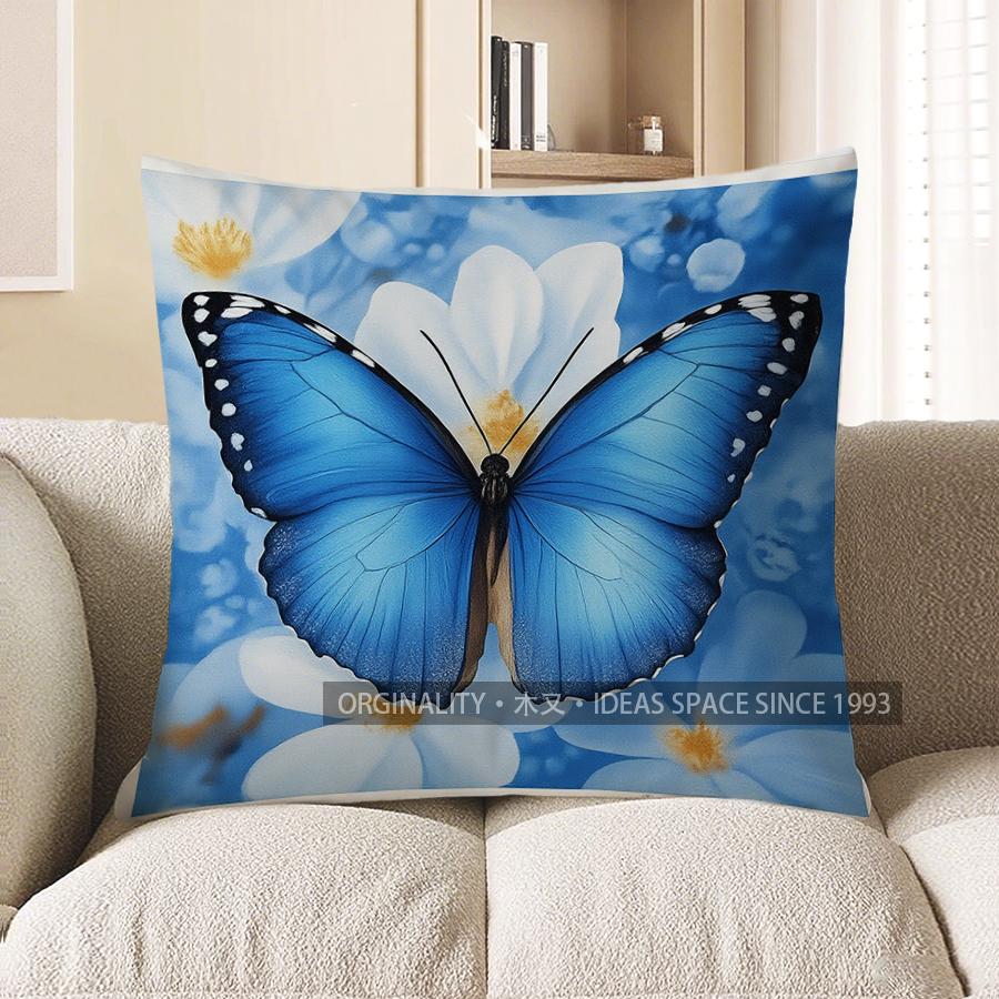 Home Decor Blue Butterfly &amp; White Flowers Pillow Cover Pattern Cushion Cover Suitable For Sofa Bedroom Car Pillow Cover