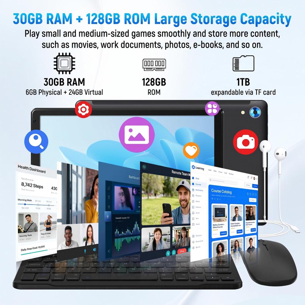 Tablet Android 16, 30 GB + 128 GB, osmijádrový, 10,1 palce, procesor A537, rozšiřitelné úložiště 1 TB
