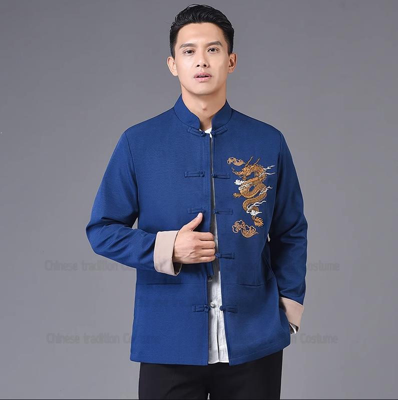 Chinese Style Hanfu Tang Clothes Men Balck Jackets Cotton Embroider Dragon Kong Fu Costume Traditional China Clothing Plus Size