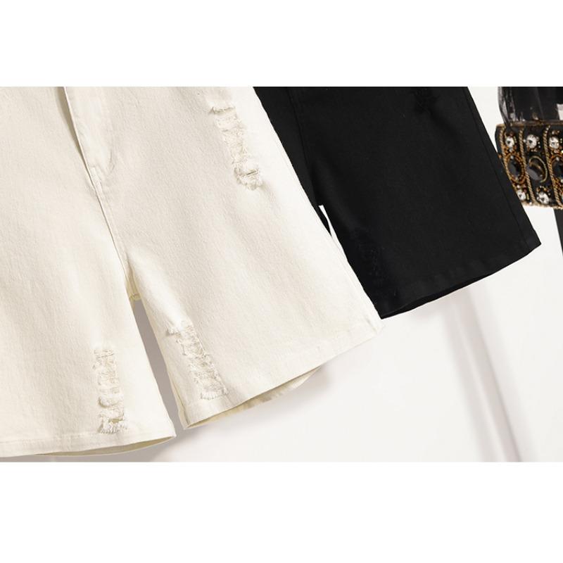 DIMANAF Übergröße Damen Shorts Hosen Sommer Locker Kurze Jeans Basic Hohe Taille Lochhosen Elastischer Bund Maxi