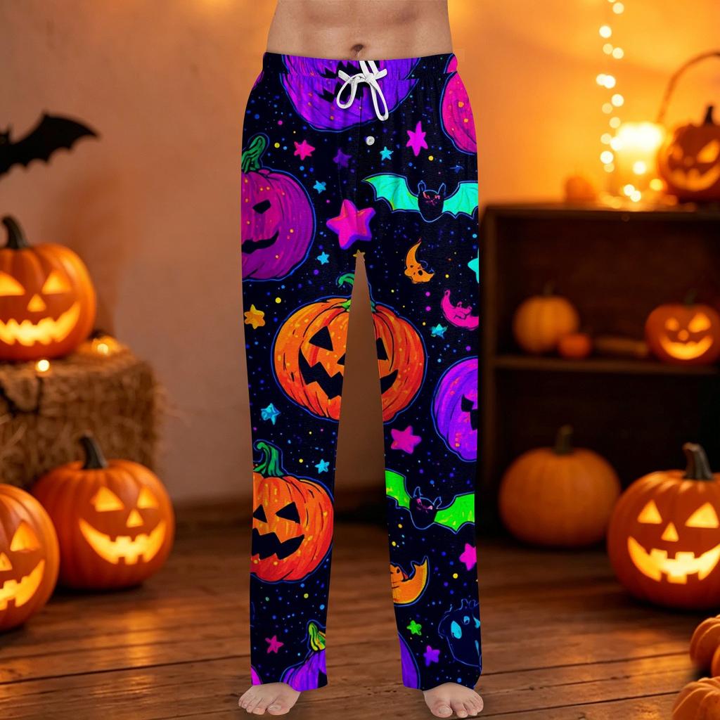 Mens Halloween Printed Drawstring Lounge Pants Casual Relaxed Fit Sleepwear Trousers with Pumpkin Pattern Design