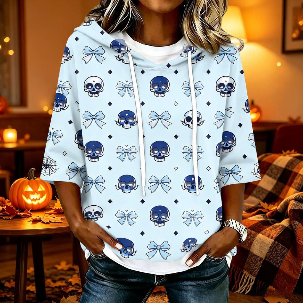 Women's Halloween Printed Hoodie Loose Fit Three-Quarter Sleeve Casual Top