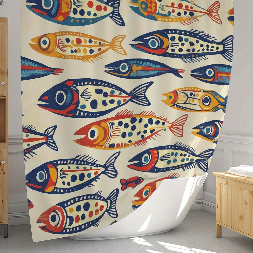 A Stylish Colorful Sardine Printed Shower Curtain And Window Curtain With 12 Hooks.