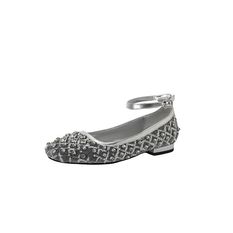 Krazing Pot Knitwear Sheepskin Summer Size 40 Crystal Low Heels Ankle Straps Rhinestone Square Toe Elegant Sweety Pumps