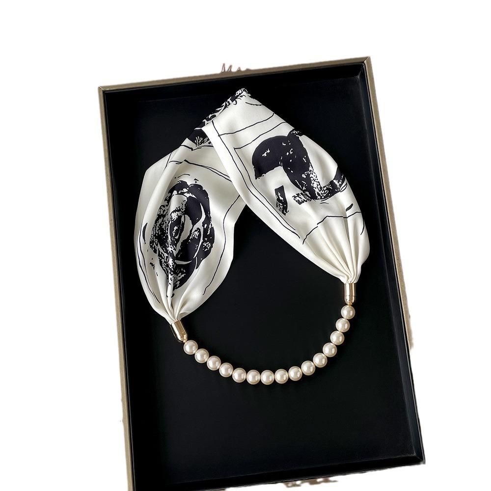 1116 Spring and Summer New Silk Scarf Women's Niche High-end Pearl Magnetic Buckle Necklace Foreign-style Wear Printed Small Scarf