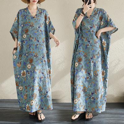 Plus Size Summer Long Dress Beach Women V-Neck Floral Print Holiday Soft Linen Loose Maxi Dresses