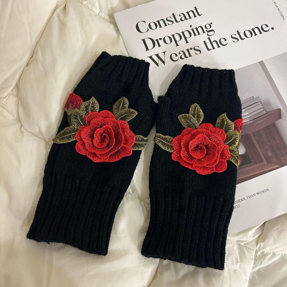 Half Finger Winter Wool Gloves Vintage Crochet Flower Mittens Embroidery Knitted Gloves  Outdoor