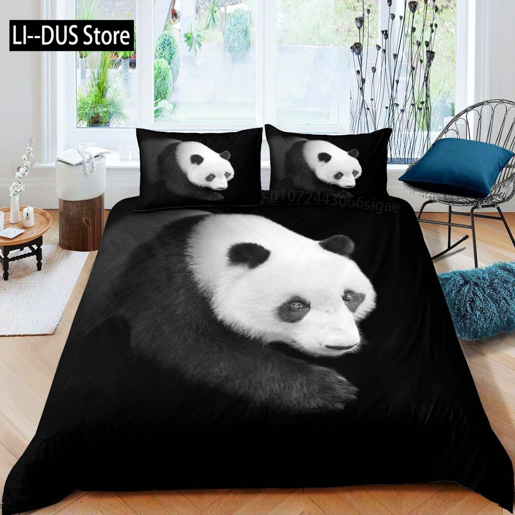 Kids Black Printed Cartoon Panda Beddings Cute Animal Pattern Teens Bedlinings 1 Duvet Cover Sets and 2 Pillowcases Full Size