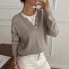 Loose Lazy V Neck Knit Sweater Fake Two Piece Casual Top