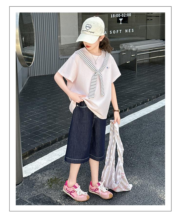 Girls' College Style Set 2026 Summer New Striped Tie T-shirt Clear Color Jeans Middle and Large Children's Two Piece Set