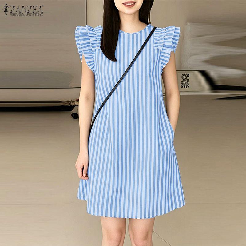 ZANZEA Women Casual Round Neck Loose Sleeveless Stripe Dress S