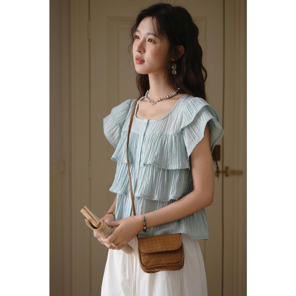 MISHOW Butterfly Sleeve Chiffon Shirt Women's 2025 Summer New Women's Clothing Retro Square Neck Button Casual Shirt MXD30X1488