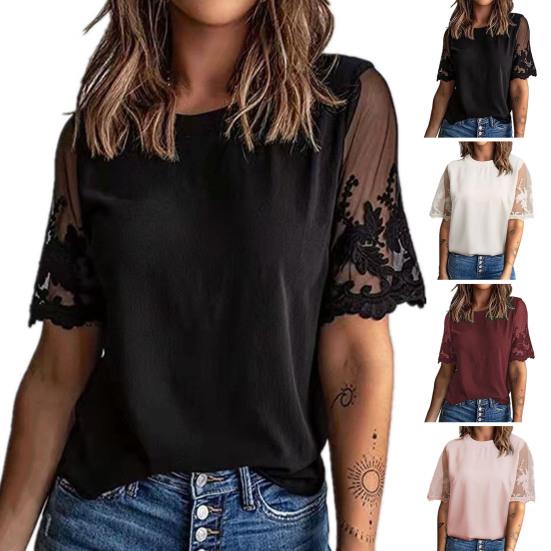 

Женская футболка с коротким рукавом и круглым вырезом, повседневная кружевная женская футболка L вино красного