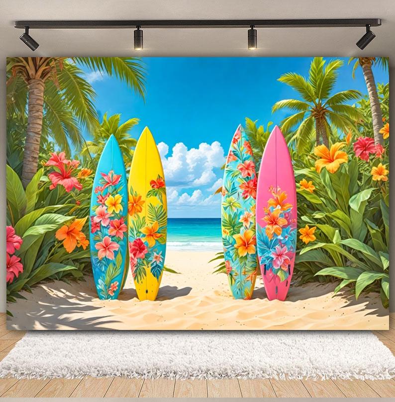 Hawaiian Summer Seaside Backdrop for Photography Tropical Beach Palm Tree Surfboard Baby Birthday Holiday Party Photo Background