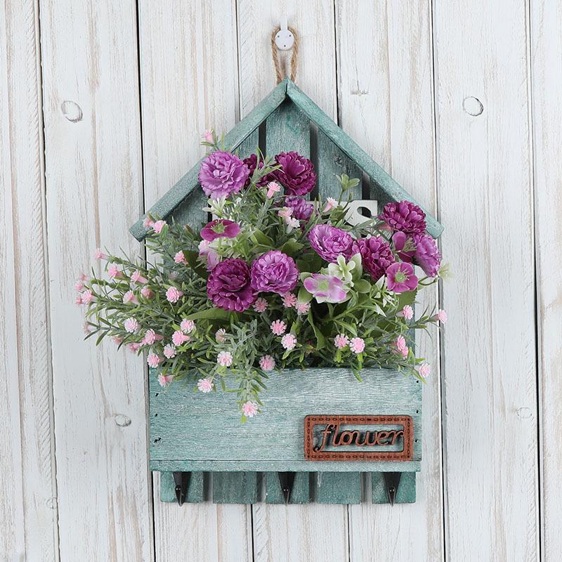 Wall Decoration, Wall Hanging, Wooden, Flowerpot, Mediterranean Style, Simulated Dried Flowers, Wooden Box Flower Vase, Entrance Key Hook