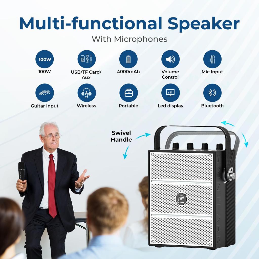 W WINBRIDGE S99 Portable Speaker with Handheld Microphone for Simultaneous High PA System with and MicroSD Ideal for School and More Two-Person Use,