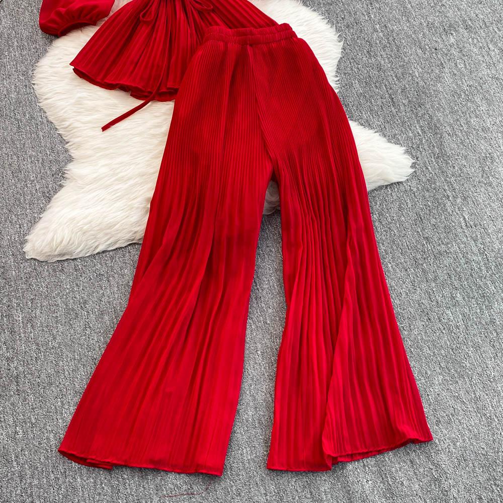 Spring Summer Women Pleated Two Piece Set Elegant V-Neck Draped Chiffon Blouse + High Waist Wide Leg Pants 2Pcs Suit Female New