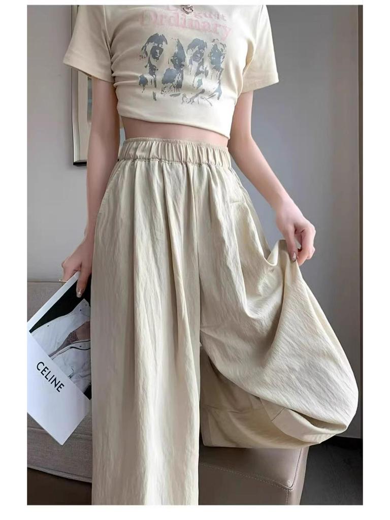 2024 Women's High Waist Pink Ice Silk Wide Leg Pants - Summer Petite Loose Fit with Draping