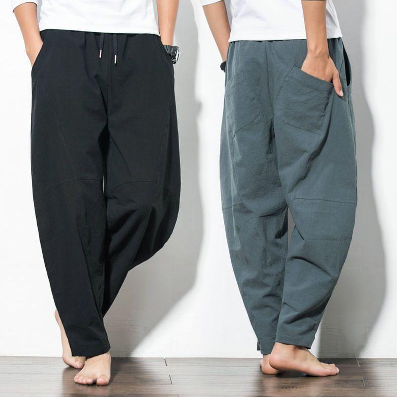 Cotton Linen Pants Men Baggy Casual Trousers Male Walking Wide leg Loose Sweatpants Chinese Summer Jogger Pants