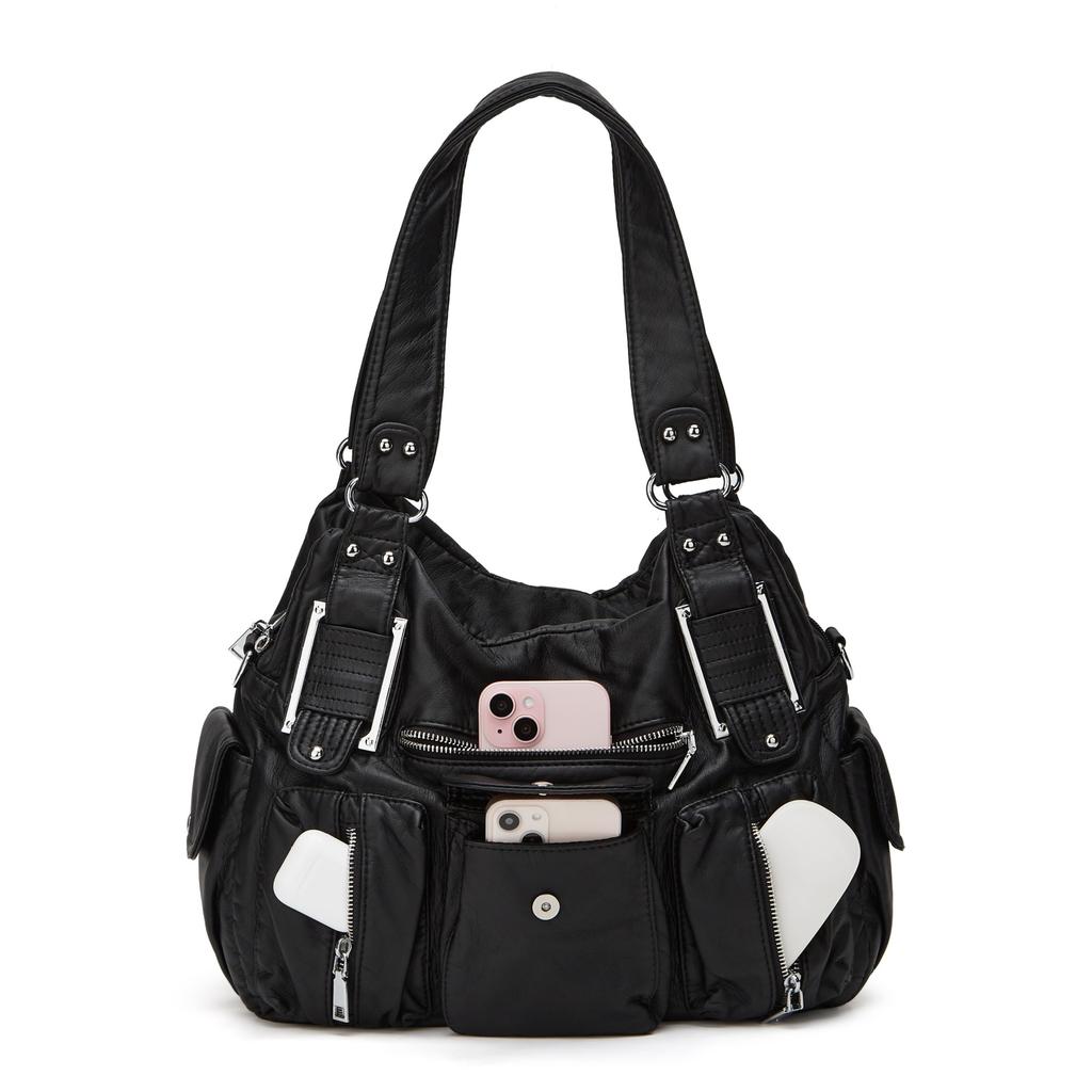 Ladies' Fashionable Retro Lychee Patterned Tote Bag, Large Capacity Washed Multi Pocket Shoulder Bag
