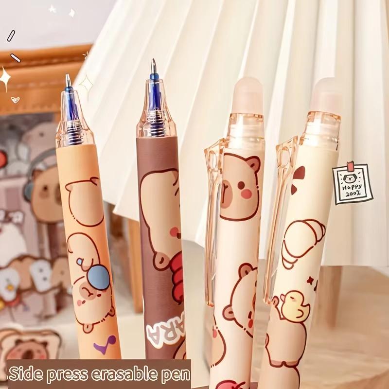 6Pcs Cute Capybara Erasable Gel Pens, 0.5mm Retractable Quick‑Drying Gel Ink Pens, Smooth Writing Blue Ink for School Office Stationery
