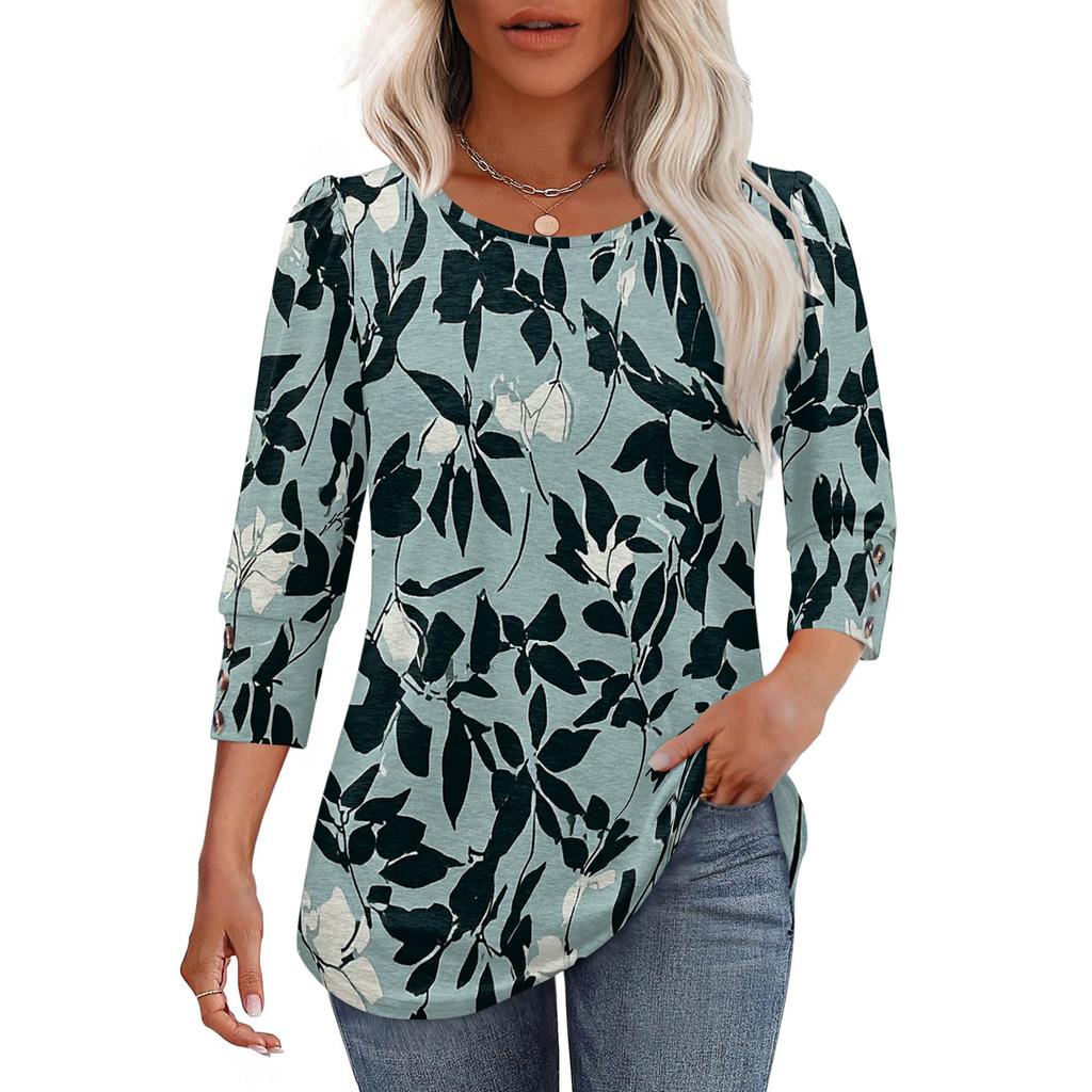 Damen Freizeit lockerer Schnitt Rundhalsausschnitt Oberteil Dreiviertelärm Blumenprint Leichte Bluse für den Alltag