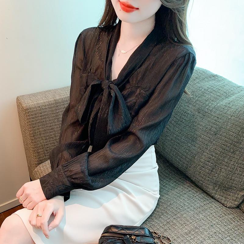 Mode Neue 2024 Herbst Langarm Bogen Kragen Büro Casual Apricot Chiffon Bluse Shirt Frauen Tops Blusen Shirts J479