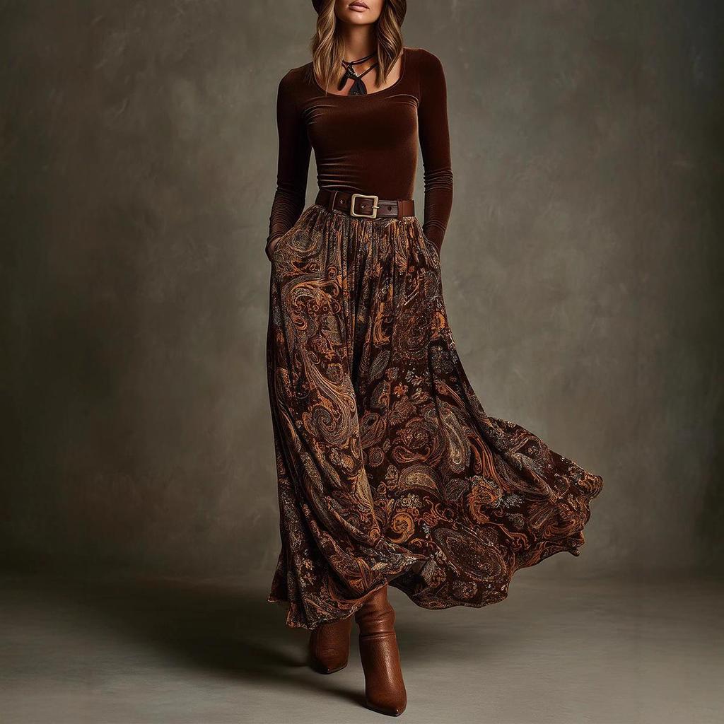 2025 European & American Slim Fit Top & Elegant Retro Print Long Skirt Set with Belt