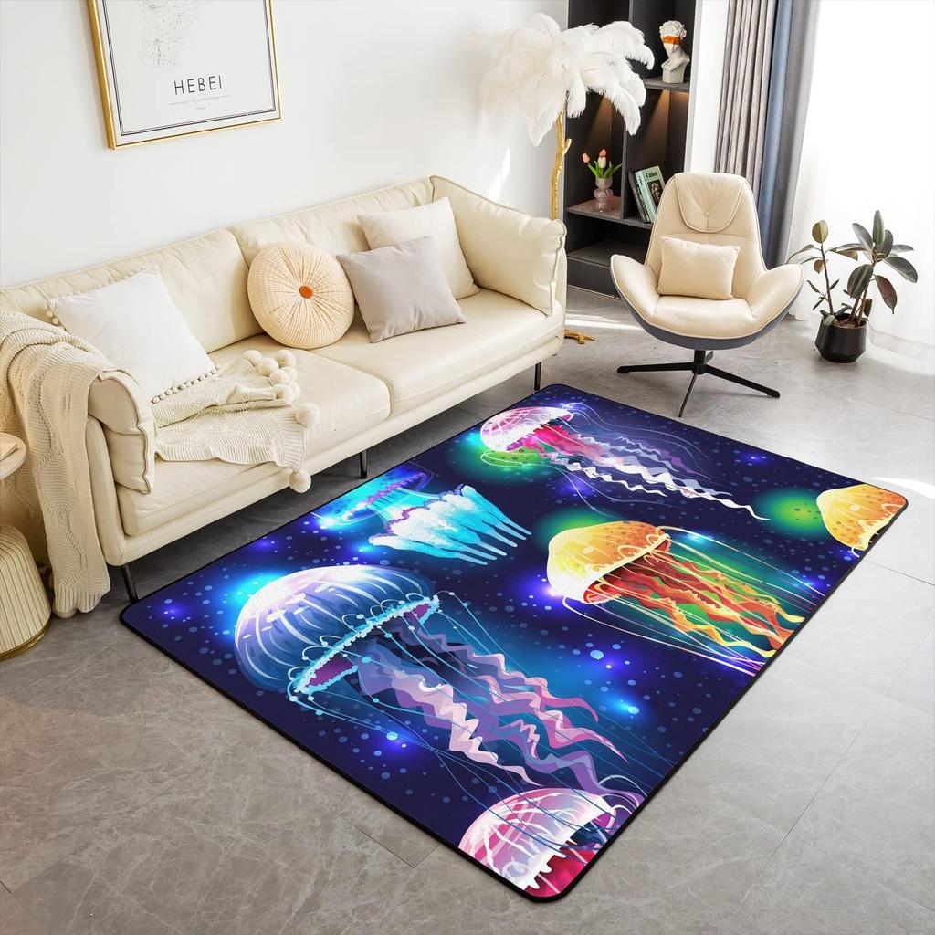 Jellyfish Marine Life Area Rug Dreamy Ocean Animal Non Slip Carpet for Kids Adults Fantasy Moon Clouds Starry Sky Decorative Rug
