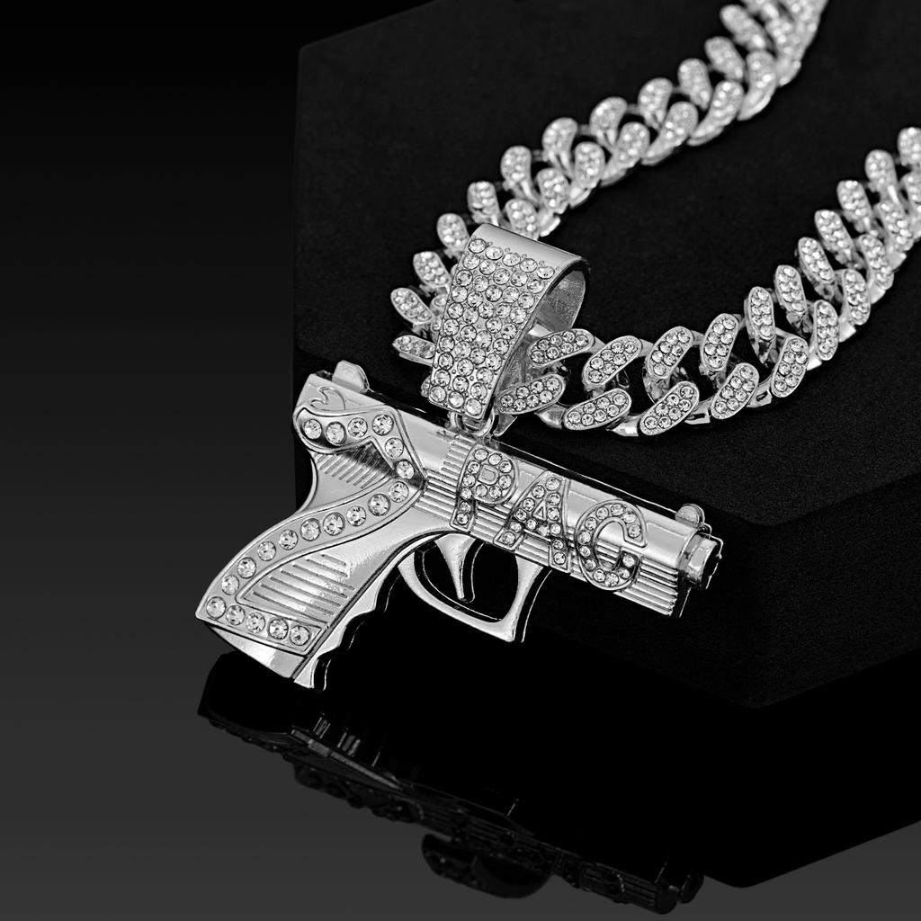 2PAC Tupac Rap Star Collana Lunga a Maglia Cubana Hip-Hop con Ciondolo Pistola 3D a Doppio Strato Lega Streetwear Regalo Bambini Uomini